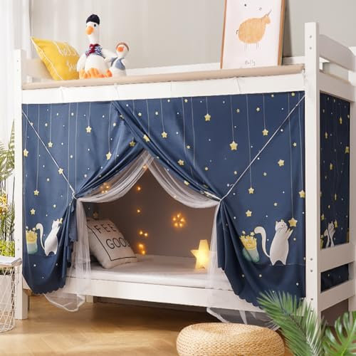 Eimilaly 8 Eckbetthimmel-Vorhänge für Mädchen und Jungen, doppellagige Verdunkelung, Betthimmel für Schlafsaal, Hochbett, Etagenbett (Katzenpicks, Sterne/1,2 m Bett)
