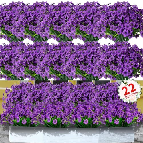 Usmilegift 22 paquetes de flores artificiales violetas artificiales para decoración, resistentes a los rayos UV, ramo de imitación, decoración de boda, hogar, jardín, cocina, decoración de fiesta