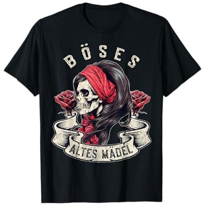 Böses Altes Mädel Totenkopf Bikerin Rosen Schädel Bandana T-Shirt