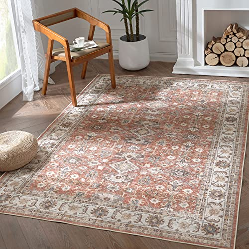 TOPICK Area Teppich Wohnzimmerteppich Vintage Blumenteppich rutschfest Faltbar Dünner Waschbar Läufer Bodenbelag für Innenbereich Büro Schlafzimmer Küche 90x150cm Ziegelrot