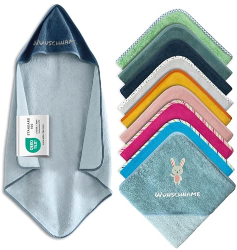 Kapuzenhandtuch Baby mit Namen Bestickt, Oeko-TEX® Standard 100 - Personalisiertes Babyhandtuch mit Kapuze aus Reiner Baumwolle mit gesticktem Namen und Motiv (Dunkelblau, 100 x 100 cm)