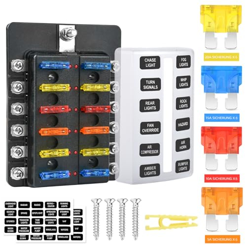 12 Fach KFZ Sicherungskasten 12V, Sicherungshalter Flachsicherung ATC/ATO 24 Sicherungen Wasserdichte Sicherungsblock mit LED-Anzeige Positiver für DC 12V / 24V Auto LKW Boot VAN SUV Marine Fahrzeug