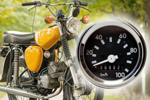 Tachometer 100km/h mit Blinkerkontrolle + Beleuchtung, Ø 60mm Tacho für 6V + 12V Anlage Simson S50, S51, S70, S53, S83, Chromring, Schwarzes Zifferblatt