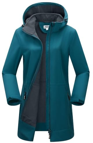 Outdoor Ventures Damen Softshelljacke Wasserdichte Lange Softshellmantel | Fleece Gefütterte Übergangsjacke, Winddichte Windbreaker, 2-Wege Reißverschluss Winterjacke, Regenjacke, Jacke mit Kapuze