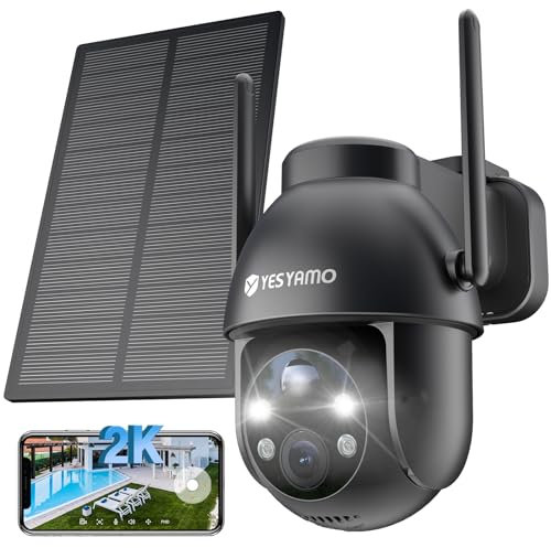 YESYAMO Solar Security Camera Outdoor Wireless, 2K QHD Solar Cam Rechargeable Battery Operated, 360° PTZ CCTV with PIR Human Detection, 2.4Ghz WiFi, Sound&Light Alarm, Work with Alexa