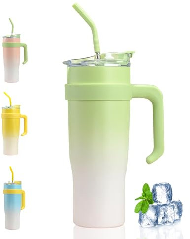 42oz Thermobecher mit Strohhalm und Henkel, 1250ml Kaffeebecher, Doppelwandiger Edelstahl Isolierbecher mit Transparenter Deckel, Tumbler Cup Tragbare Autobecher für Kalte Heiße Getränke Thermo Becher