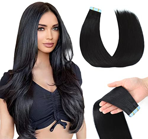 Evala tape extensions echthaar haarverlängerung echthaar 55cm #1B Naturschwarz tape in extensions echthaar 20 Stück, bonding extensions echthaar 50g tape in extensions echthaar
