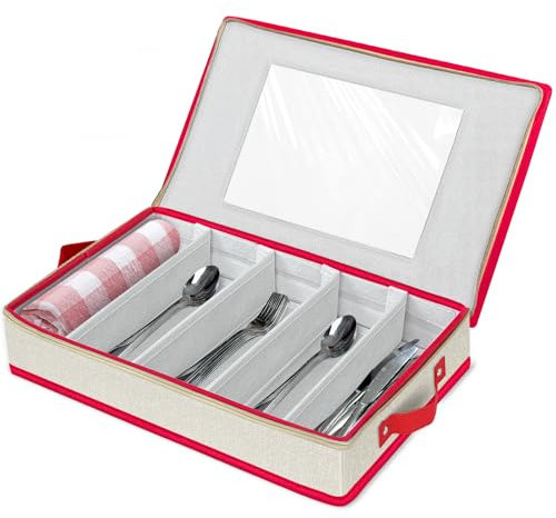 Weihnachten Besteckkasten mit Deckel für Schubladen, Besteckeinsatz Besteckbox Tragbar Besteck Aufbewahrung mit Deckel Verstellbarer Utensilien Organizer für Campin Gurlaub Küche (42,5x 29,5x 8cm)