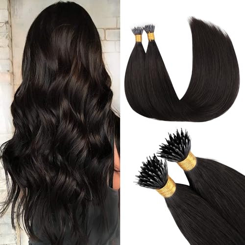 GOO GOO Nanoring Extensions Echthaar, 45cm 50g 50 Strands Echthaar Extensions, Cold Fusion Nano Beads Haarverlängerungen Extensions Echthaar, 2 Dunkelbraun