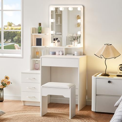 CLIPOP Schminktisch mit Hollywood LED Beleuchtung und Spiegel,3 Farben Einstellbare Helligkeit,Kosmetiktisch Frisiertisch mit 4 Schubladen und Offene Regale,Modernes Make Up Tisch Hocker Set Weiß