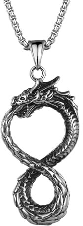 JewelryWe Drachen Unendlichkeitszeichen Halskette Herren: Vintage Silber Edelstahl Ouroboros Drachen Knoten Infinity Unendlichkeit Symbol Anhänger Kette Punk Wilder Stil Schmuck für Männer Frauen