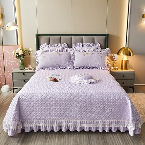 Zhiyuan Quilted Lace Ruffle Bedspread Brushed Microfiber Coverlet for All Seasons 250 x 270 cm, Lilac