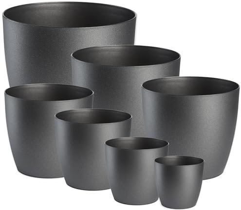 Tymar Blumentopf, 7er-Pack, ø 12/14/16/18/20/25/30 cm, Pflanzentopf aus Kunststoff, Moderne, matt, Runde Form (Graphit, SET7 (ø12-30))