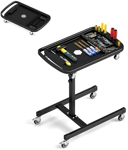 SOARS Werkstattwagen, Rollwagen, 360 ° drehbar, Höhe verstellbar 80 – 130 cm, max. Belastung 60 kg, großes abnehmbares Tablett 73,5 x 46 cm, für Garage, Werkstatt, Wohnzimmer, Haus, Schwarz