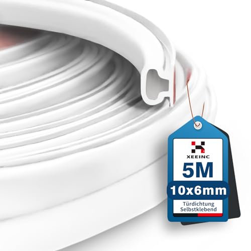 XEEINC 5m Guarnizione Porta Finestra, 10mm(L) X 6mm(P) Gomma Paraspifferi Guarnizione Adesiva per Finestre Porta Blindata, Isolamento Acustico, Anti-Collisione - Bianco