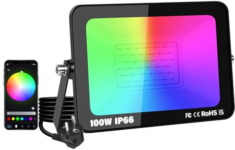 YOJZMA 1er-Pack 100W LED-Flutlicht für den Außenbereich mit Stecker, intelligente RGB-DIY-Szenen, Farbwechsel-Landschaftsbeleuchtung mit APP-Steuerung, IP66 wasserdichte Flutlichter für Gärten