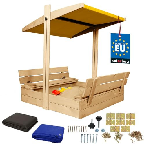 KOTARBAU® Sandkasten mit Abdeckung 100 x 100 cm Großer Naturfarbe Holzsandkasten mit Gelb Dach Sandkasten mit Deckel Sandkasten mit Dach Gartenspielzeug Kinder imprägniert verschließbar mit Bänken