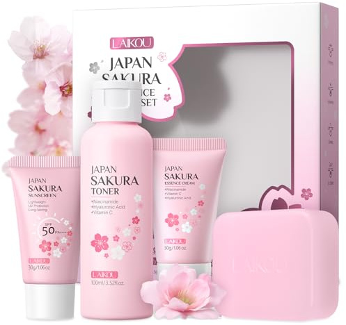 LAIKOU Sakura Gesichtspflege Skincare Set, 4 Stück Glass Skin Set Skincare, Reiseset Hautpflege mit Seife Toner Feuchtigkeit Creme Gesicht Sonnencreme, Geschenk für Frauen Teenager Mädchen