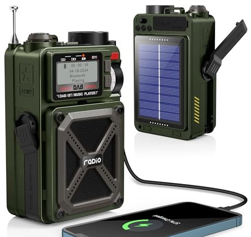 Portable DAB/DAB+ & FM Radio with Bluetooth 5.3, Solar Radio, Rechargeable Hand Crank Radio with SOS, Flashlight, Earphone Jack, SD Card, USB,4000mAh Emergency Wind up Radio