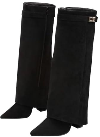 ticticlily Stivali Donna Invernali Cowboy Stivaletti Alti Tacchi Biker Fold Over Boots con Tacco A Nero 41 EU