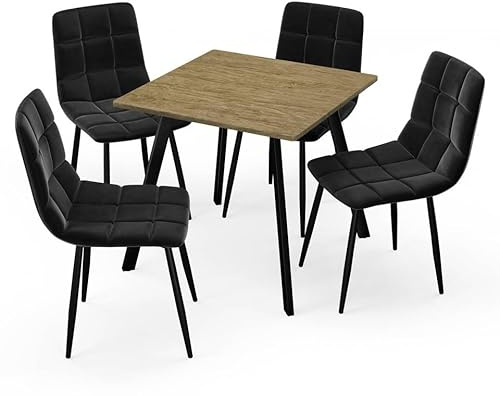 URBNLIVING 80cm Square Table with 4 Velvet Chairs | Stylish Dining Set for Apartment & Small Spaces - Oak Table Black Chair