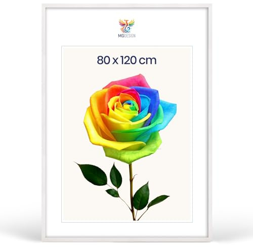MG Design Marco para fotos 80 x 120 cm: marco para póster con marco Blanco de madera auténtica y cristal acrílico irrompible, vertical y horizontal, con un soporte para colgar en la pared.