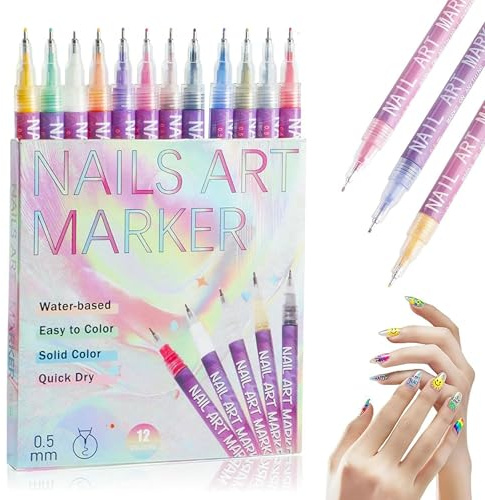 12 Colors Nail Art Pens Set, 3D Quick-Dry 0.5MM Nail Polish Pens, 2025 DIY Nail Art Marker Graffiti Dotting Pen for Nails Art Design Manicure Nail DIY Decoration