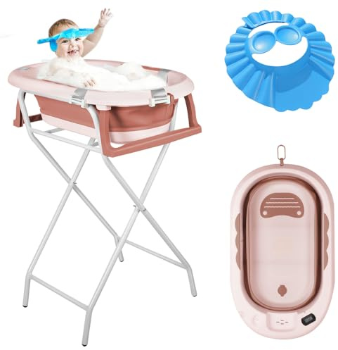 OHMG Baignoire Bébé Pliable Sur Pied,Grande Baignoire Xxl Avec Support,Thermomètre 2.0,Siège Et Kit De Drainage,Bassine Bébé,Idéale Pour La Douche,De La Naissance À 3 Ans,Cadeau Bébé
