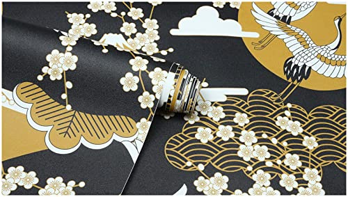 LZH-LP Self Adhesive Wallpaper Cranes Cherry Blossoms Mount Fuji Peel and Stick Contact Paper, 45x500CM Pagodas Waves Ukiyo-e Nihonga Removable Decorative Film for Cabinet Furniture