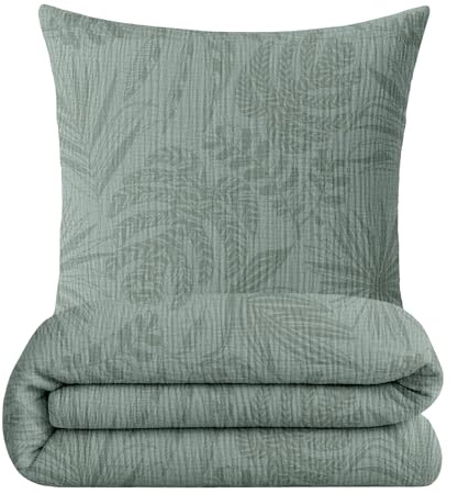 sleepling Musselin Bettwäsche, Bettbezug 135x200 cm + Kissenbezug 80x80 cm, 2-teiliges Set, 100% Baumwolle, Extra weiche Sommerbettwäsche, Made in EU, Oeko-TEX, Waschbar bis 60 Grad, Grüne Blätter