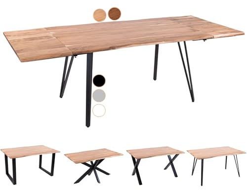 SAM Baumkantentisch 220 (320) x 100 cm Avino, Akazienholz naturfarben & massiv, Esszimmertisch mit 2 Ansteckplatten, Schwarzes Vierfuß-Metallgestell, Esstisch ausziehbar 12 Personen