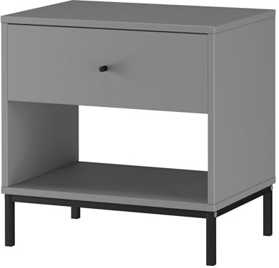 Celine Nachttisch aus MDF Grau, 50 x 35 x 50 cm, Nachtkommode mit Schublade, offenem Ablagefach und Metallbeinen für Schlafzimmer und Wohnbereich