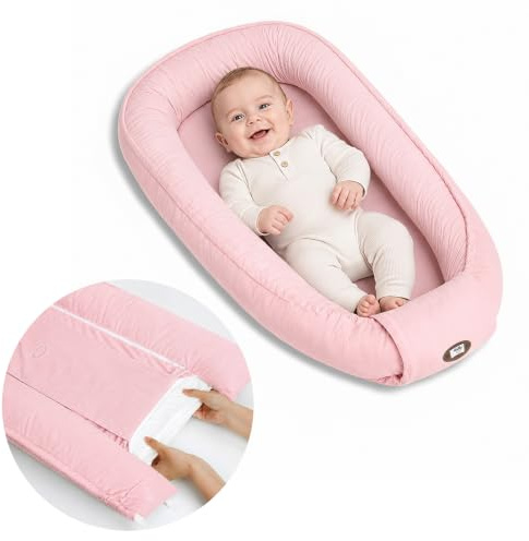 Babynest Neugeborene 95x56cm,Vollständig Abnehmbar Nestchen Baby,0-6 Monate | Babynestchen Neugeborene Waschbar,Babynestchen Verstellbar Tragbar,Multifunktional Kuschelnest für Jungen und Mädchen,Rosa