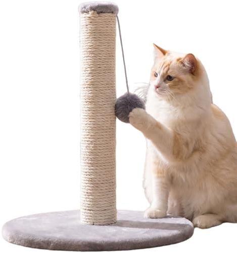 Cat Scratching Post for Indoor Cats, Sisal, Grey, 33 cm, with Dangling Pom-Pom Toy, Round Base