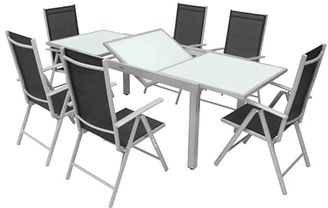 Villana Gartenmöbelset, Silber/schwarz, Alu/Textil, Tisch 160/220cm, 6 Multipositionssessel