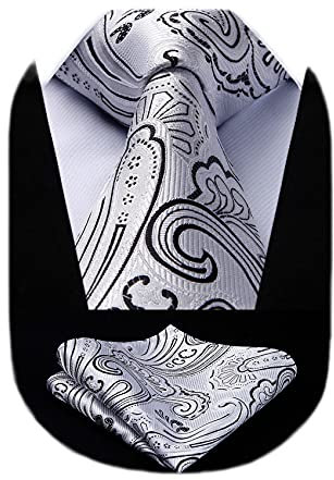 HISDERN Herren Krawatte mit Einstecktuch Set Weiß Extra Lange Paisley Krawatten und Taschentuch Elegante Hochzeit Seidenkrawatte für Männer