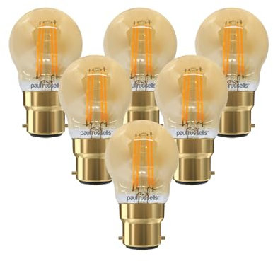 paul russells LED Filament Golf Ball Light Bayonet Cap B22, 35W Equivalent G45 Bulbs, 4.5W 400LM LED BC 2200K Amber Lamps, Home Ceiling Chandelier Energy Saving Lightbulbs, Pack of 6