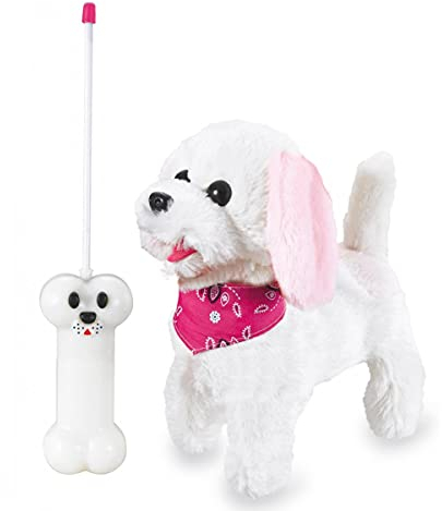 JAMARA Trixi RC Plüschhund 27MHz - laufender Hund mit Sound Plüsch, mit Fernsteuerung, Spielzeug Hund für Kinder, Plüschwelpe, weiches Fell, realistisches Hundebellen, modernes Halstuch, Weiss/Rosa