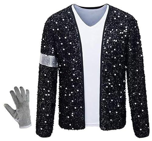 Shuanghao Kostüme Pailletten Anzugjacken+Handschuhe Glove(Rechts) Erwachsene Weihnachten Halloween Cosplay Rollenspiel Partys Tänze Retro Punk Männer Frauen Kleidung Outfits Mantel Schwarz XL