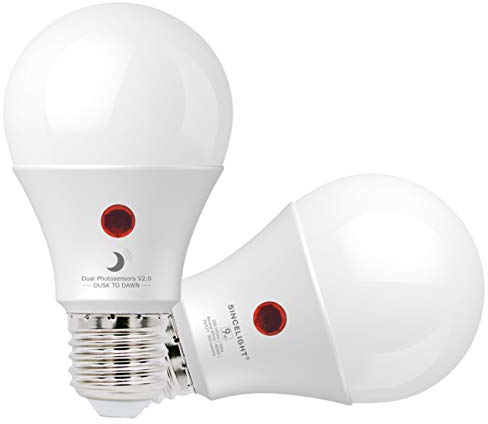 SINCELIGHT LED Glühbirne 9W mit Dualem Dämmerungssensor für Außenlampe, Automatisches Ein- und, Sicherheits-Nachtbirnen von der Dämmerung bis zum Morgengrauen, Tageslichtsensor, E27, 4000K, 2 Stück