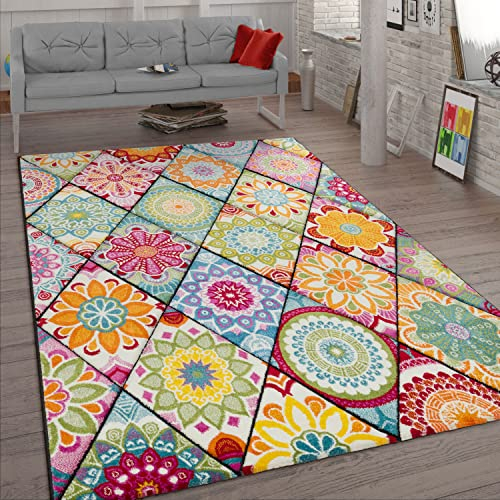 Paco Home Kurzflor Teppich Wohnzimmer Bunt Retro Design Mandala Muster Design Boho Stil, Grösse:80x150 cm