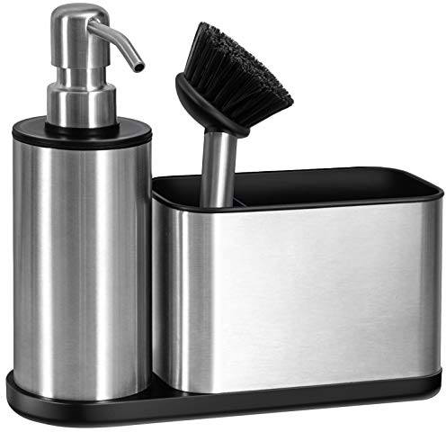 Oriware Organiseur d'évier avec Distributeur de Savon Intégré et Support d'éponge. (Pompe et Bec du Distributeur en Acier Inoxydable) - 20 x 18 x 6,5cm