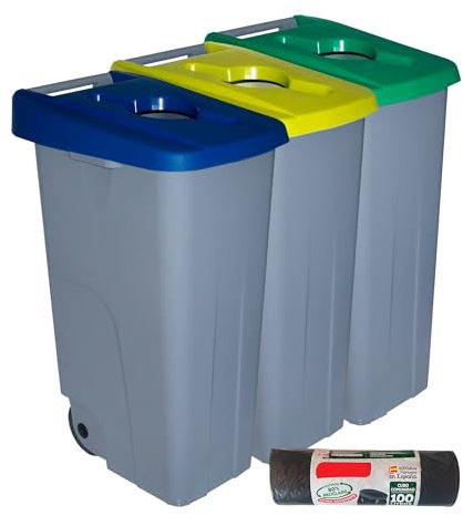 Denox PK3331 Pack Reciclaje Reciclo 85 litros Abierto c/u: 255 litros totales, en 3 contenedores, en Colores Azul/Verde/Amarillo