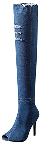Xmiral Stivali Stivaletti da Donna Moda Stivali tacco alto Primavera Autunno Punta aperta sopra il ginocchio Stivali stretti con tacco alto Jeans Stivali (37,azzurro)