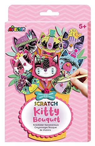 Avenir 6301731 Kratzbilder Bastelset Katzenstrauß, DIY Kreativset für Kinder ab 5 Jahren, Blumenstrauß selber Machen, Bouquet