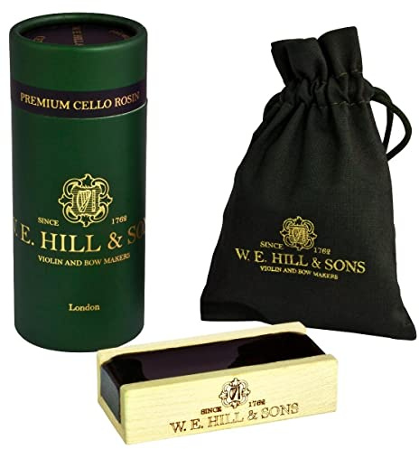 W. E. Hill & Sons Premium Dark/Medium Hard Cello Rosin - for Advanced and Profesional Players - with Presentation Case, Drawstring Storage Bag and Maple Holder.