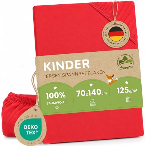 leevitex Kinder Spannbettlaken, 70x140cm, Für Babybett & Kinderbett, 1er Set, 100% hochwertige Mako-Jersey-Baumwolle, Rot/Signalrot