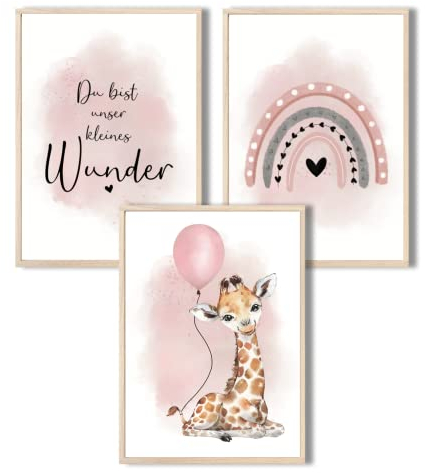 MeinBaby123® I Bilder Kinderzimmer | 3er Set DIN A4 Poster Set | Wandbilder | Kinderzimmer Poster | Deko Bilder Kinderzimmer Mädchen und Jungen | Wandposter Premium (Giraffe & Luftballon rosa)