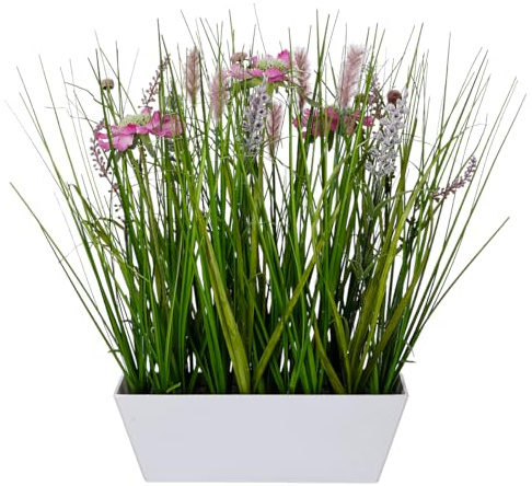Deco-Woerner Rosa Wiesenblumen im eleganten weißen Topf 38 cm hoch Kunstpflanze Dekogras künstliches Gras