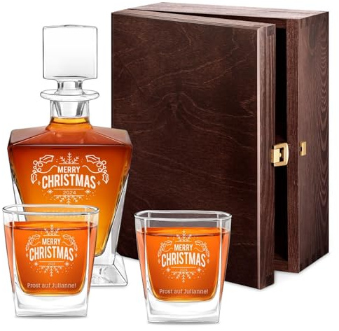 Maverton Whiskykaraffe 800 ml + 2/4 / 6 Whiskygläser mit Gravur - graviertes Whisky Decanter Set - Glas Karaffe mit Gläsern für Frauen - Whiskey Set für Whisky Genießerin - Merry Christmas